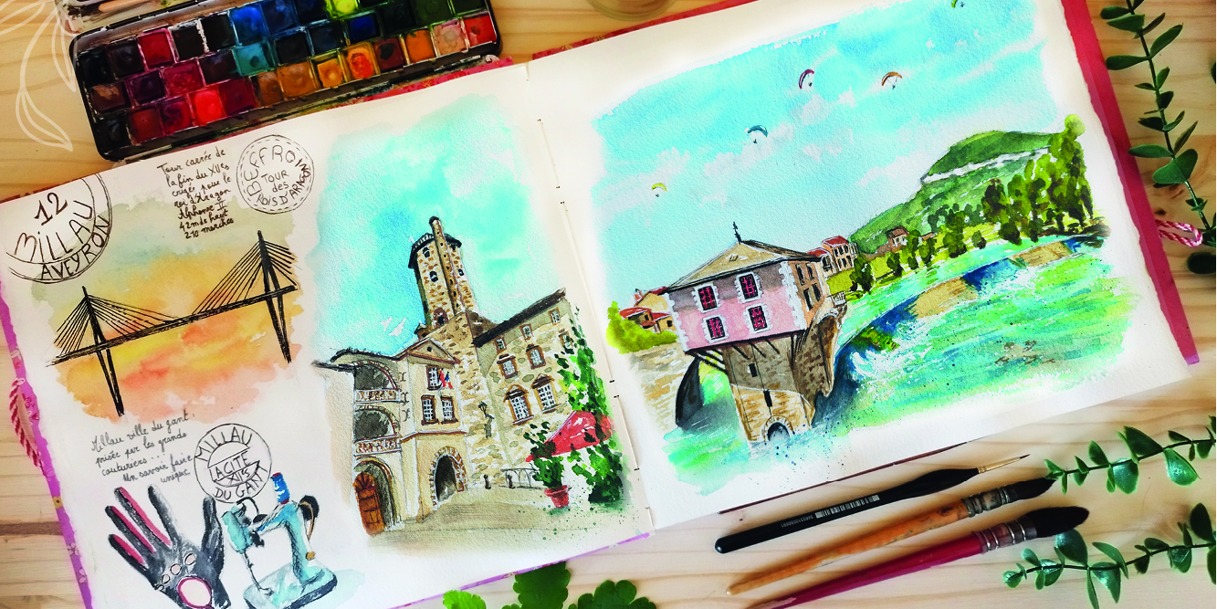 Aquarelle, carnet de voyage, ville de Millau, Beffroi, Pont le Rouge, Emacreation&co